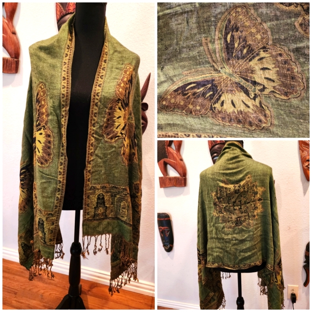 Green and Gold Butterfly Motif, Wrap/Shawl/Scarf w/Fringe Detail, One Size